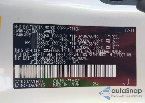 2012 Lexus Rx 450H z USA, uszkodzony, nr VIN JTJBC1BA5C2432696